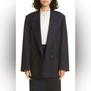 Róhe Pinstripe Double Breasted Virgin Wool Blend Blazer in Navy Pinstripe